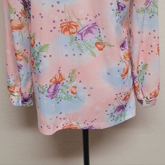 Groovy 70s Vintage NPC Fashions Peach Floral Print Dagger Collar Disco Shirt M - Picture 12 of 13